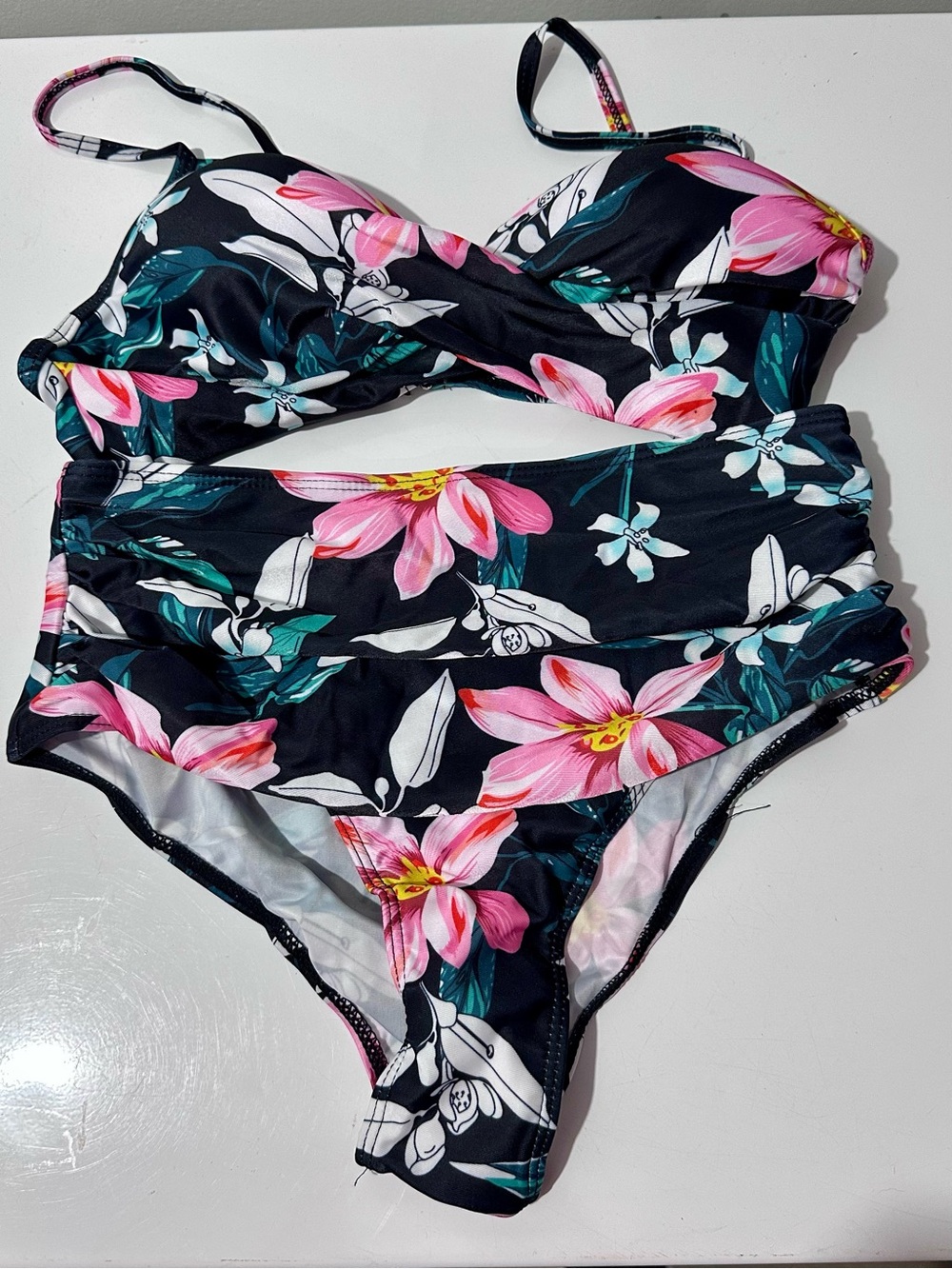 Black Floral High-Waist Bikini Set with Pink Flowers Size M (1224)